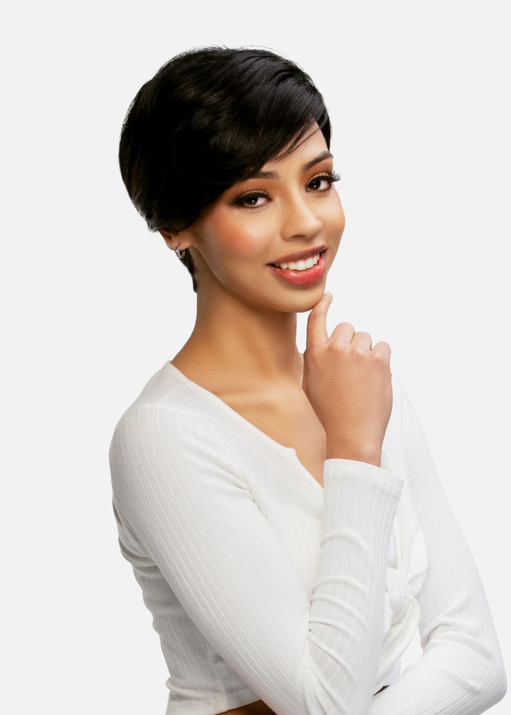 Vivica A. Fox PEARL, Pure Comfort Cap, Human Hair, Short Long Layered Pixie Cut Style Full Wig (1B Off Black)