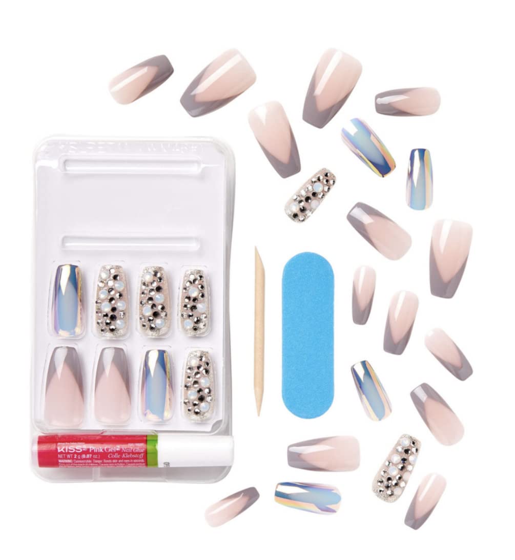 KISS Masterpiece One-Of-A-Kind Luxe Mani Premium Special Effects Design Coffin Shape Glossy Iridescent Glue-On Long Length Nails with Faux Jewels MP01 Beauty & Personal Care KISS
