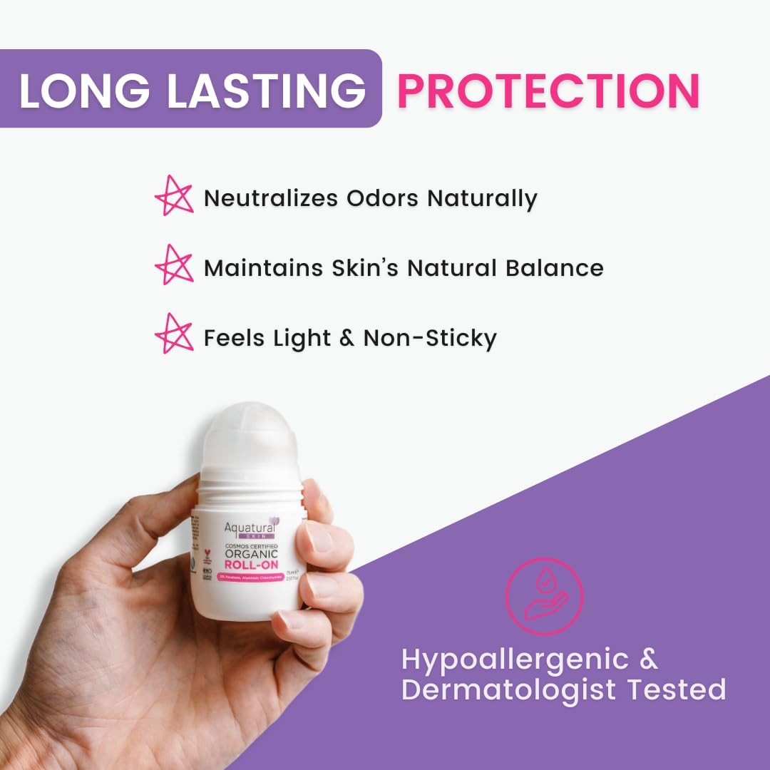 Aquatural Organic Deodorant Women & Men Roll On, Natural Formula for Sensitive Skin, Long-Lasting Odor Protection 2.53 Fl Oz Pack of 2, Rose Vanilla Beauty and Personal Care Aquatural