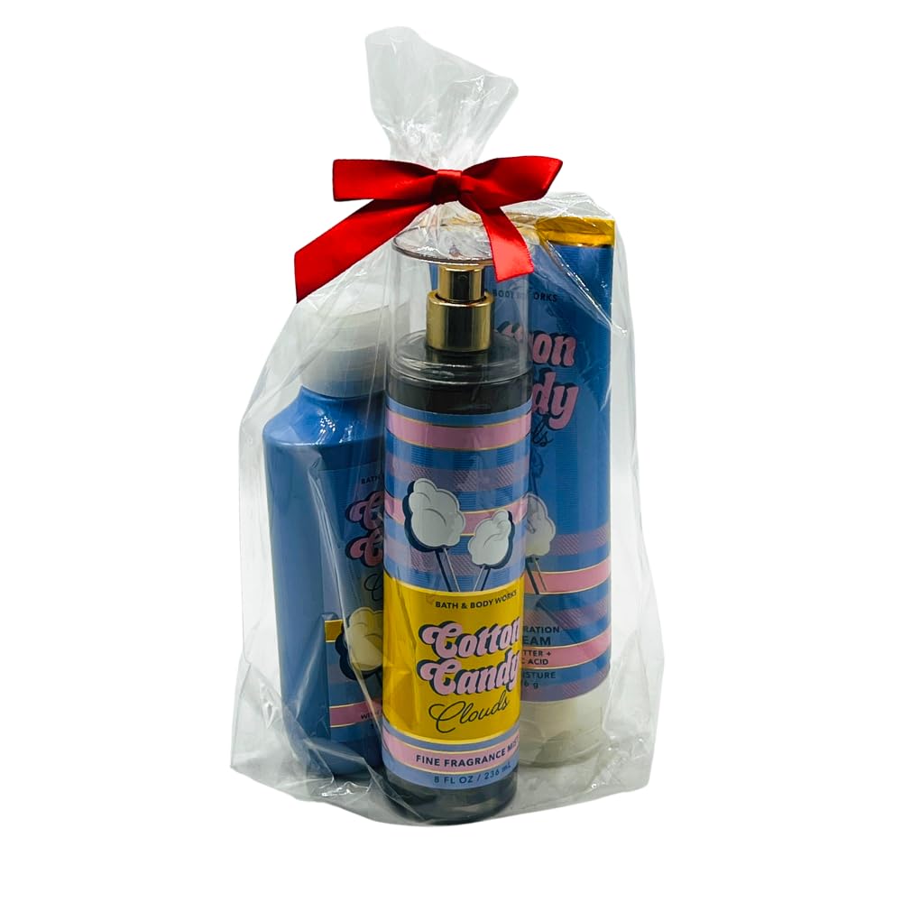 Bath & Body Works COTTON CANDY CLOUDS Fine Fragrance Mist, Ultimate Hydration Body Cream & Body Wash 3pc Gift Set with a Red Bow for Holidays - Full Beauty and Personal Care Bath & Body Works
