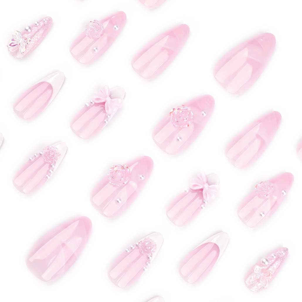 Foccna Press On Nails - Long Rhinestone Pink & Black Square Bling Glossy 3D Flower False Nails - 24pcs (Long Nails 4) Beauty and Personal Care Foccna