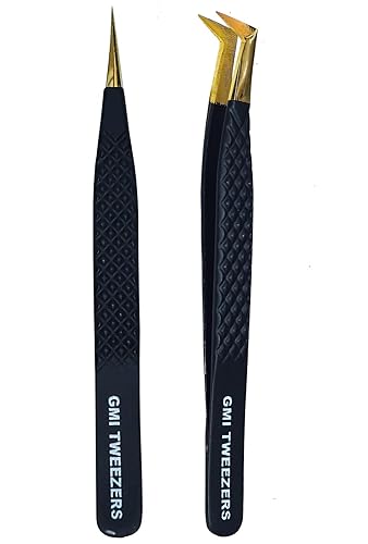 2pcs Black Straight and L-Shaped (Boot) Gold Pointed Eyelash Tweezers for Lash Extension - Stainless Steel Precision Tweezers for Volume and Classic Beauty & Personal Care GMI TWEEZERS