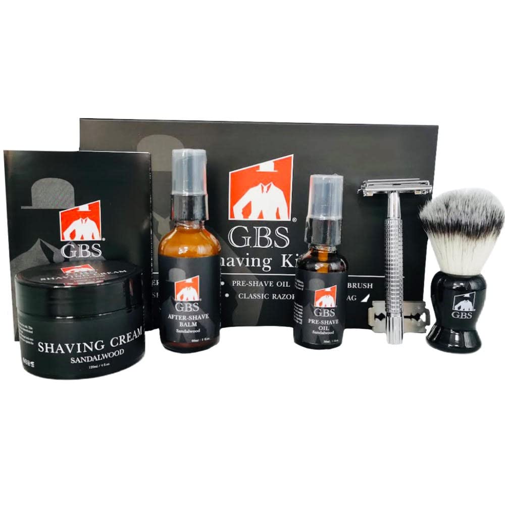 GENTS Complete Shaving Kit Gift Set for Men - Safety Razor with Sandalwood Shave Cream, Aftershave Balm, Pre-Shave Oil & Brush - Chriistmas Gift Beauty and Personal Care G.B.S