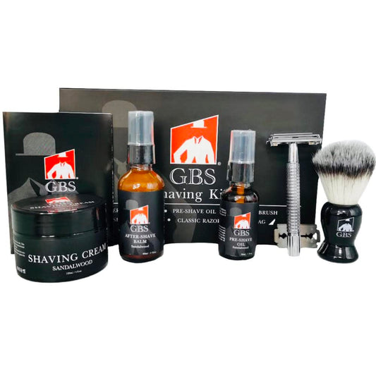 GENTS Complete Shaving Kit Gift Set for Men - Safety Razor with Sandalwood Shave Cream, Aftershave Balm, Pre-Shave Oil & Brush - Chriistmas Gift Beauty and Personal Care G.B.S