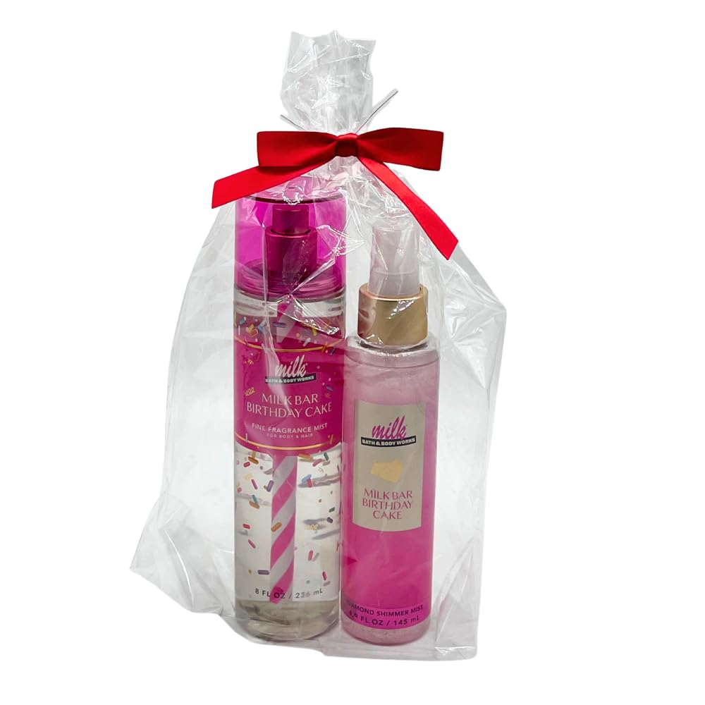 Bath & Body Works MILK BAR BIRTHDAY CAKE Fine Fragrance Mist & Diamond Shimmer Mist 2pc bundle with a Red Bow for Holidays & Gifts Beauty & Personal Care Bath & Body Works