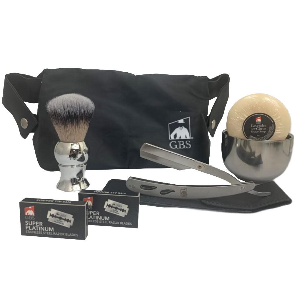 G.B.S Men’s Wet Shaving Kit, Interchangeable Shaving Razor, Synthetic Badger Hairbrush, Mesh Travelling Toiletry Bag, Shavette Razor Beauty and Personal Care G.B.S