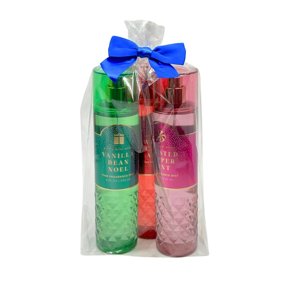 Bath & Body Works Fine Fragrance Mist - Winter Candy Apple, Vanilla Bean Noel, Twisted Peppermint - Gift Set with a Blue Bow for Holiday & Gifts Beauty and Personal Care Bath & Body Works