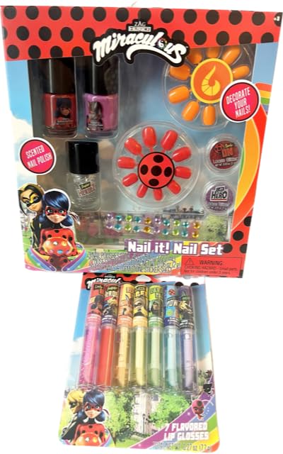 Zag Miraculous Ladybug Nail Polish Set and Lip Gloss Bundle- Includes 3 Nail Polishes, 2 Glitter Pots, 20 Faux Nails and Gemstone Sticker Sheet with 7 Beauty & Personal Care Zag