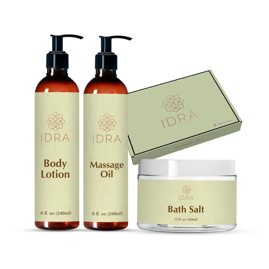 IDRA Reset & Restore Trio - Hydrating Body Lotion, Relaxing Massage Oil & Mineral Bath Salt - Natural Self-Care Gift Set for Relaxation, Stress Relief Beauty and Personal Care IDRA