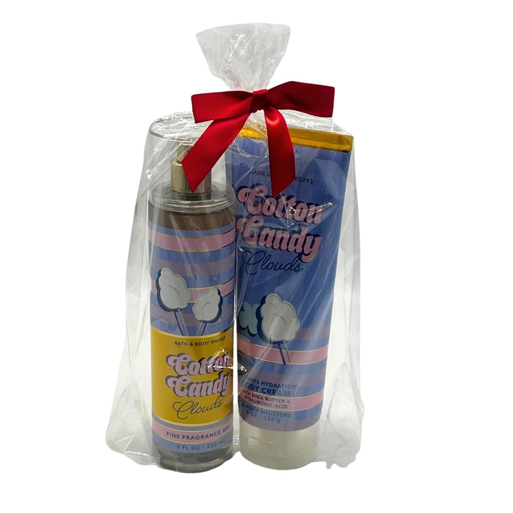 Bath & Body Works COTTON CANDY CLOUDS Fine Fragrance Mist and Ultimate Hydration Body Cream 2pc Gift Set with a Red Bow for Holidays - Full Size Beauty and Personal Care Bath & Body Works