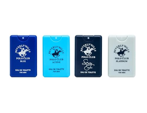 Beverly Hills Polo Club Men's 4-Piece Pocket Spray Set - Active, Sexy, Platinum, Blue EDT Collection Beauty & Personal Care Beverly Hills Polo Club