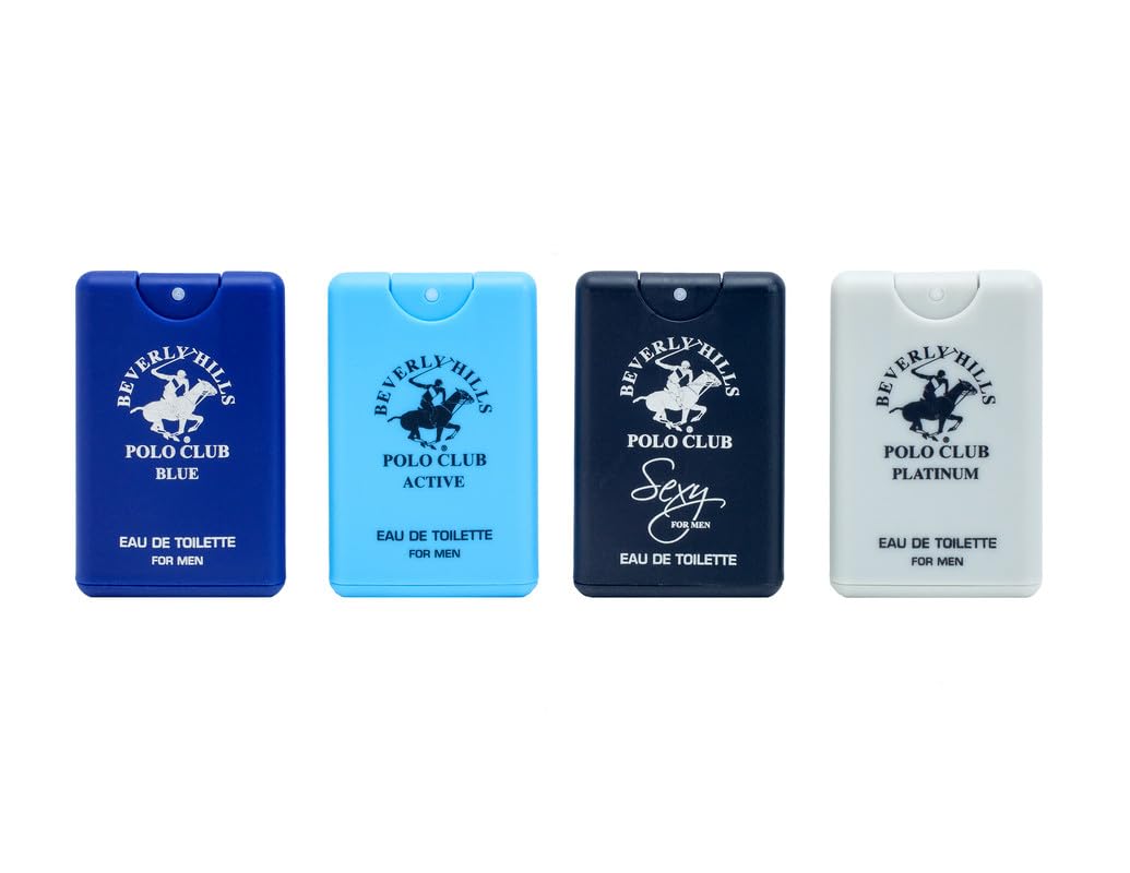Beverly Hills Polo Club Men's 4-Piece Pocket Spray Set - Active, Sexy, Platinum, Blue EDT Collection Beauty & Personal Care Beverly Hills Polo Club