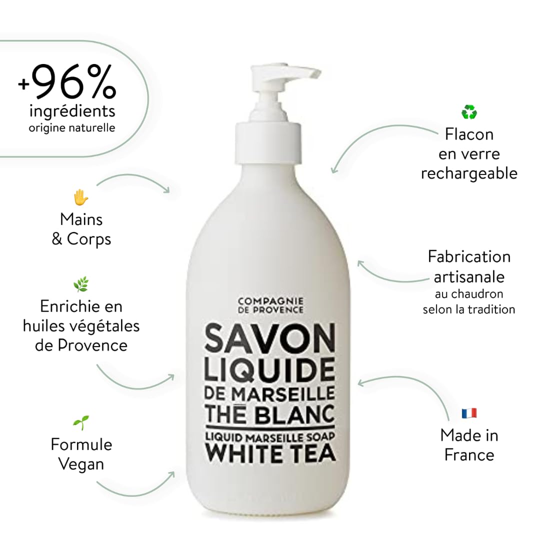 Compagnie de Provence Savon de Marseille Extra Pure Liquid Soap - White Tea - 16.7 Fl Oz Glass Pump Bottle Beauty & Personal Care La Compagnie de Provence