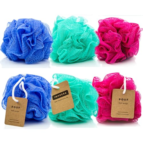 IMPRESA Mesh Bath & Shower Loofah Sponges - 5-Inch - Pack of 6 Gentle Exfoliating Body Scrubber & Bath Pouf - Home & Travel Loofah Pack - Durable Beauty & Personal Care IMPRESA