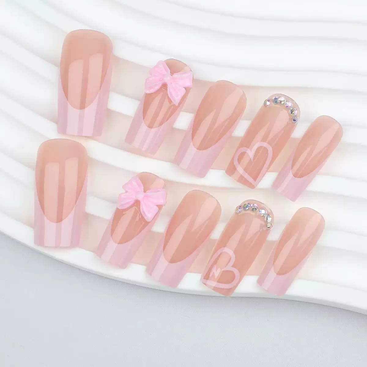 CTTHNBD Medium Press on Nails Coffin - Pink French Tip Fake Nails, Heart, Rhinestone Beauty and Personal Care CTTHNBD