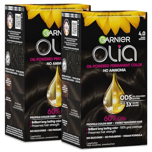 Garnier Olia Hair Color, Ammonia-Free Permanent Hair Dye, Oil-Powered Formula for 100% Gray Coverage and 3x Shinier Hair, Vegan & Cruelty Free, 4.0