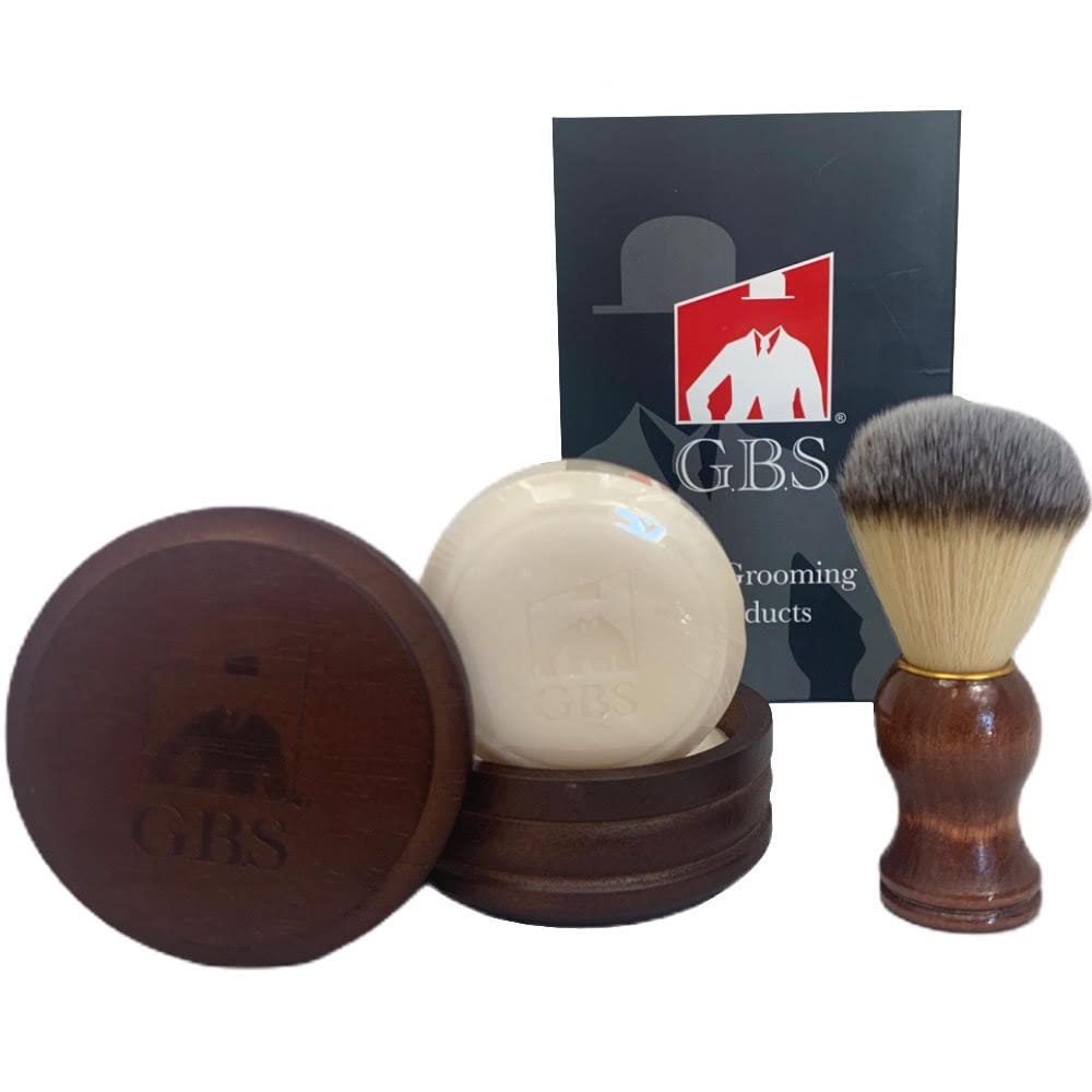 G.B.S Wooden Shaving Set, Synthetic Vegan Shaving Brush Wood Handle and Soap Bowl with All Natural Shave Soap 3IN1 Kit for Men Practical Christmas Beauty and Personal Care G.B.S