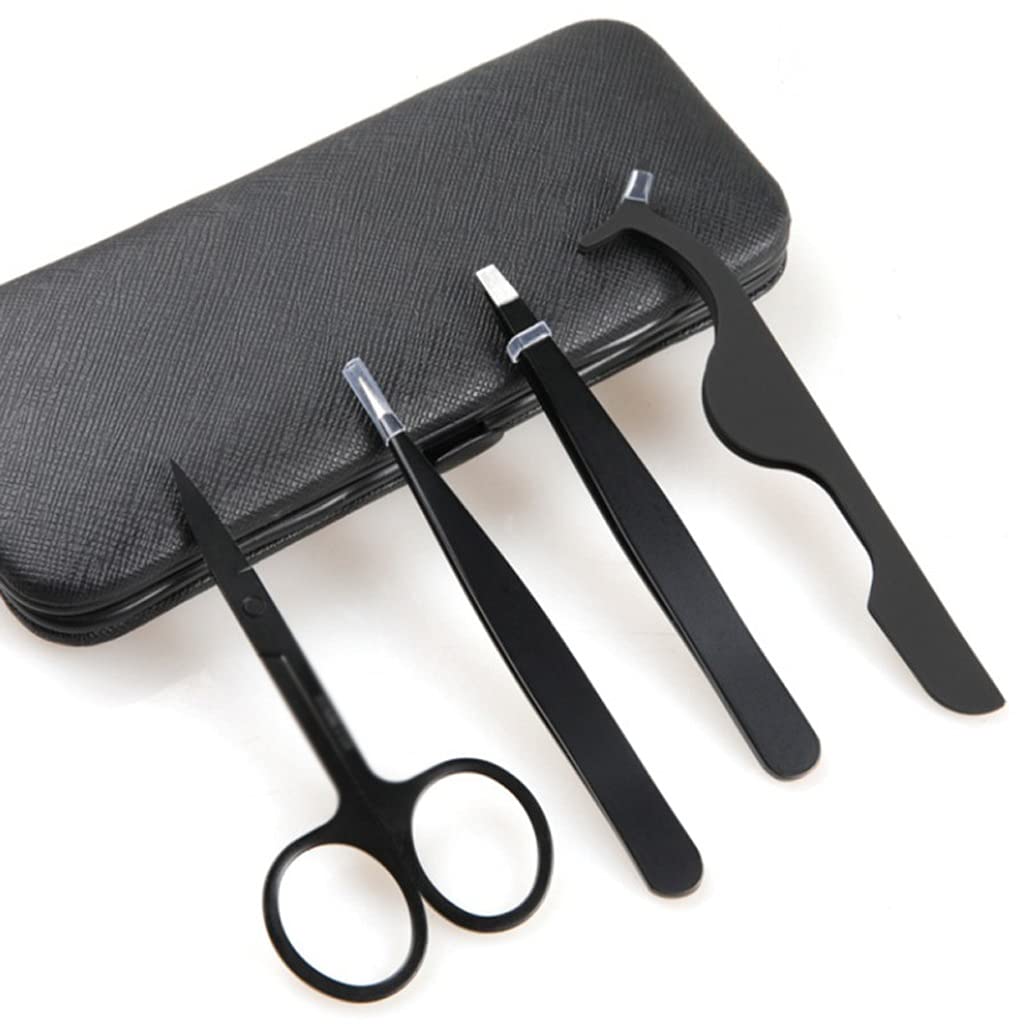 4pcs/Set Black Nose Eyelash Hair Removal Eyebrow Tweezer Flat Tip Clip Curved Scissors Trimmer Beauty and Personal Care PNAWLLCF