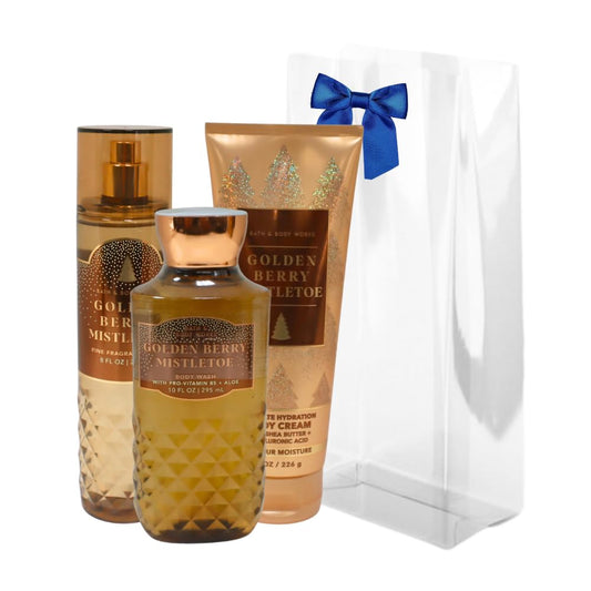 Bath & Body Works GOLDEN BERRY MISTLETOE 3pc Gift Set with a Blue Bow for Holidays & Gifts - Mist, Body Cream & Body Wash - Full Size Beauty and Personal Care Bath & Body Works