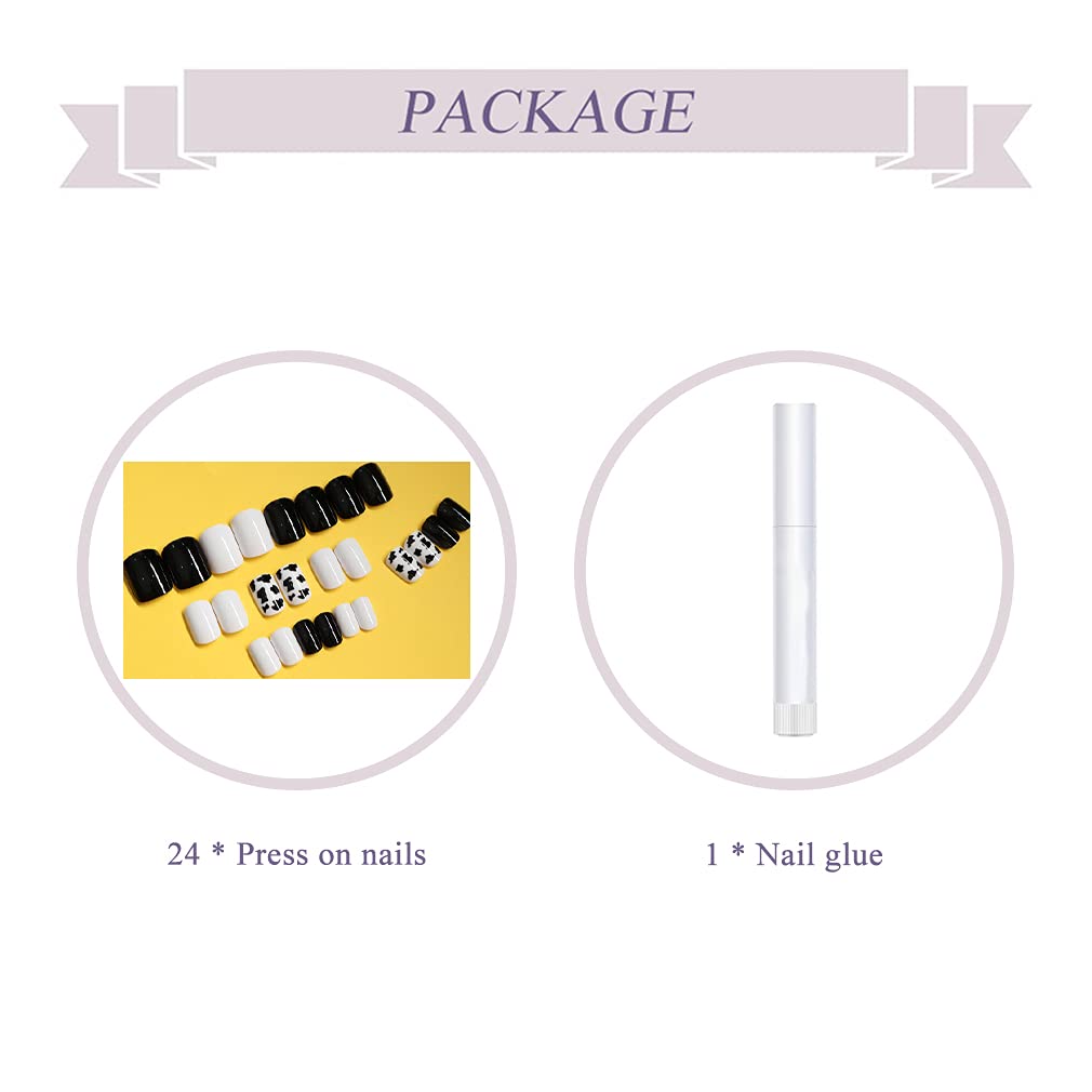 BABALAL Square Press-on Short Cow Print Nails - 24Pcs Cute Squoval Fake Glossy Black Acrylic Nails for Women and Girls Beauty & Personal Care BABALAL