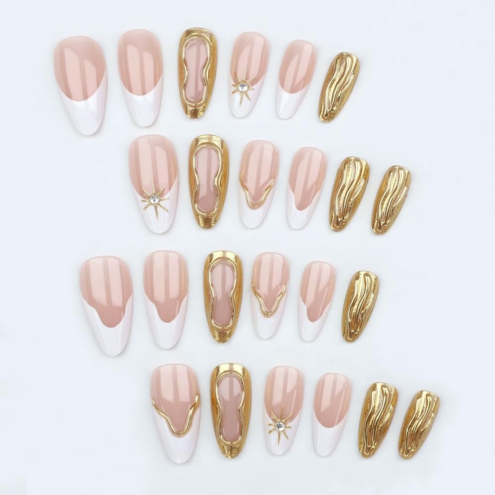 Medium Almond Press on Nails French Tips Nails Press on with 5D Star Charm Design Glossy Gold Lines Glue on Nails Metallic Golden Fake Nail Full Cover Beauty and Personal Care BLGTGH
