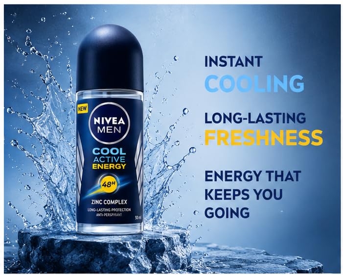 NIVEA Roll On Men Cool Active Energy 50 ml (Pack of 3) Formulated With Zinc Complex, Provides Long-lasting 48h Antiperspirant Protection for All Skin Beauty and Personal Care NIVEA