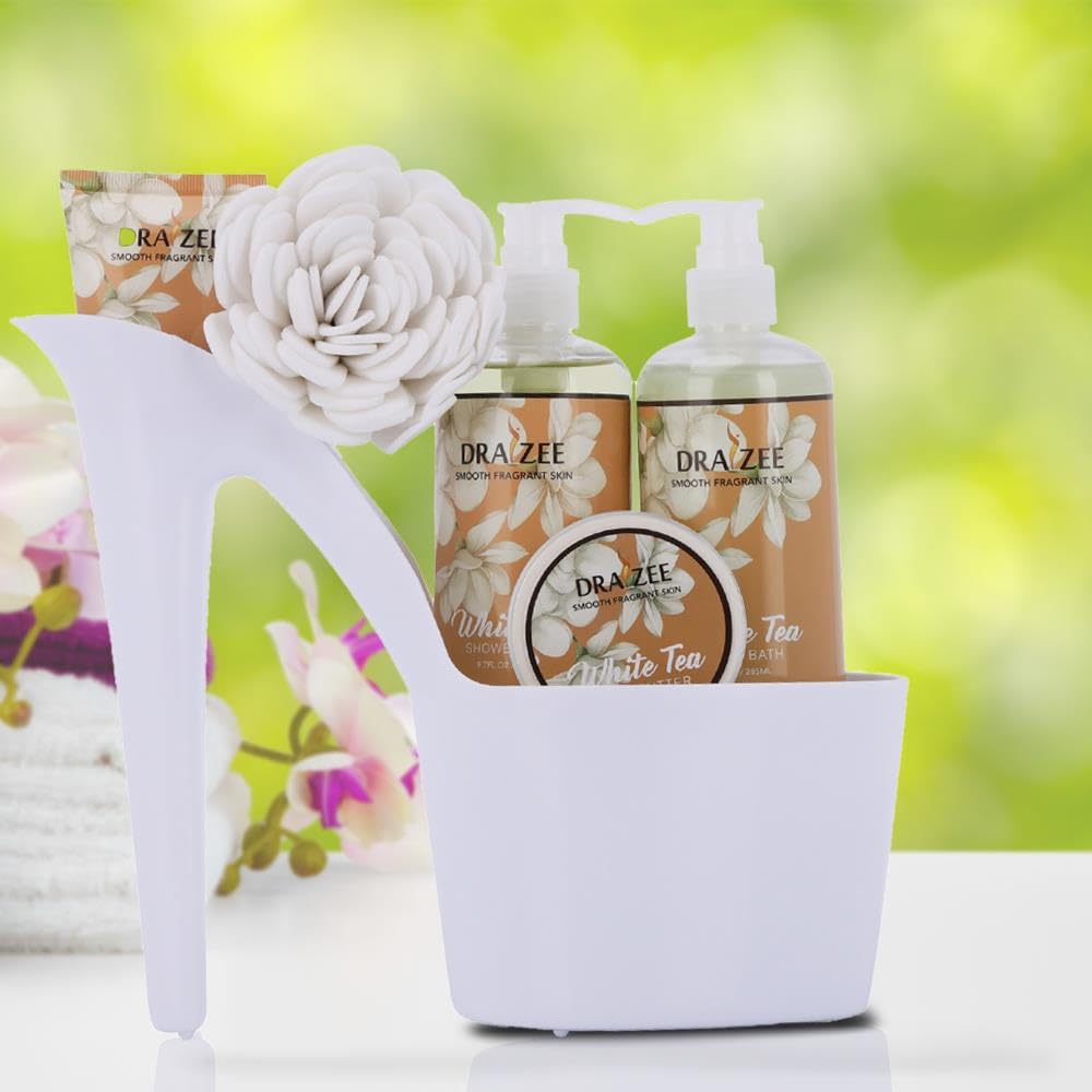 Draizee Heel Shoe Spa Gift Basket for Women, 6 Pc White Tea Scented Beauty and Personal Care Draizee