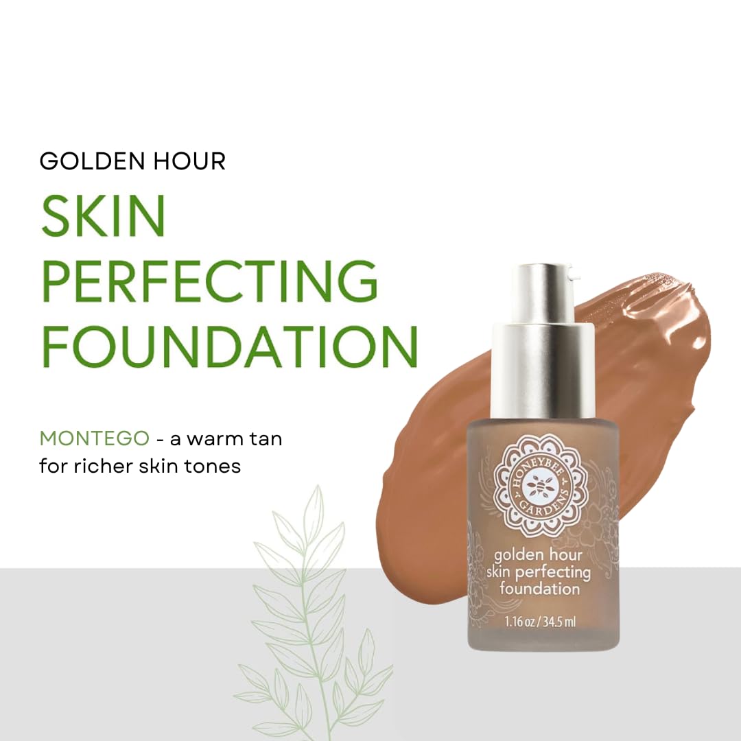 Honeybee Gardens Golden Hour Foundation In Montego, Warm Tan Neutral For Deeper Skin Tones, Skin-Perfecting, Luminous Finish, Vegan, 34.5ml Beauty & Personal Care Honeybee Gardens