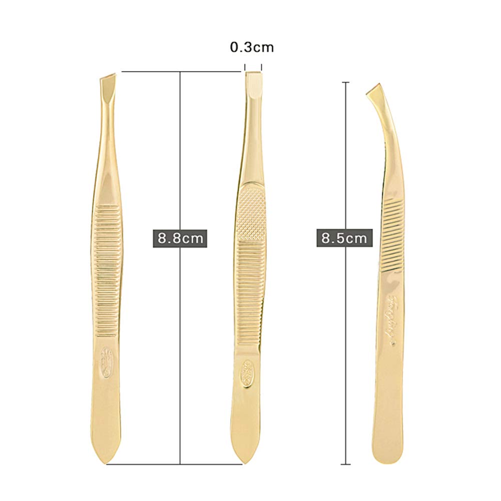 Tvoip 3Pcs Eyebrow Tweezer Golden Stainless Steel Slant/Flat Tip Curved Forceps Hair Removal Cosmetic Makeup Tool Kit Face Trimmer Beauty and Personal Care Tvoip