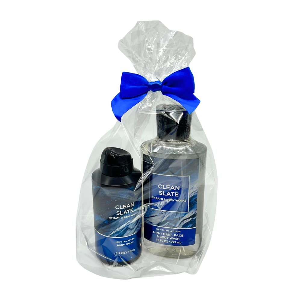 Bath & Body Works CLEAN SLATE 2pc bundle gift set for Men with a Blue Bow for Holidays & Gifts - Body Wash & Body Spray Beauty and Personal Care Bath & Body Works