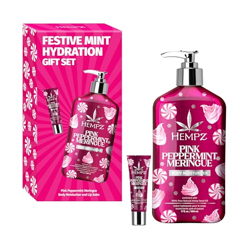 Hempz Festive Mint Hydration Pink Peppermint Meringue Gift Set, Body Loton and Lip Balm Duo, Limited Edition, 17 oz and .44 oz Beauty & Personal Care Hempz