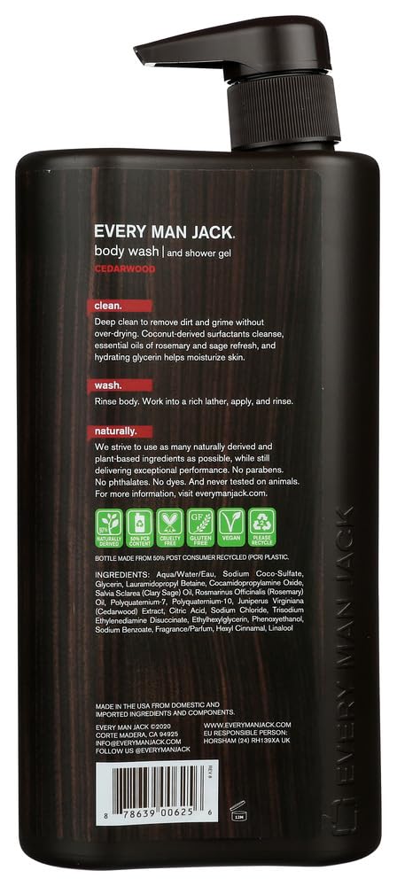 Every Man Jack Men's Body Wash - | 33-ounce Twin Pack - 2 Bottles Included | Naturally Derived, Parabens-free, Pthalate-free, Dye-free, and Certified Beauty & Personal Care Every Man Jack