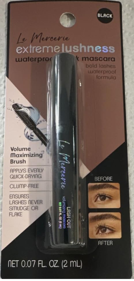 Le Mercerie Extreme Lushness Waterproof Black Mascara, Bold Lashes, Clump-Free, Volume Maximizing Brush, 0.07 fl. oz.