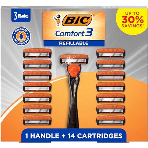 BIC Comfort 3 Refillable Disposable Razors for Men, 1 Handle and 14 Cartridges With 3 Blades, 15 Piece Razor Kit for Men Beauty and Personal Care BIC