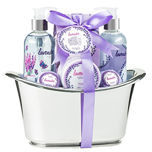 Aromatherapy Essentials Spa Set for Women in Large Silver Tub Bath Set Includes 2 Bath Bombs, Body Lotion, Bath Salts, Shower Gel, and Bubble Bath Beauty & Personal Care Freida and Joe