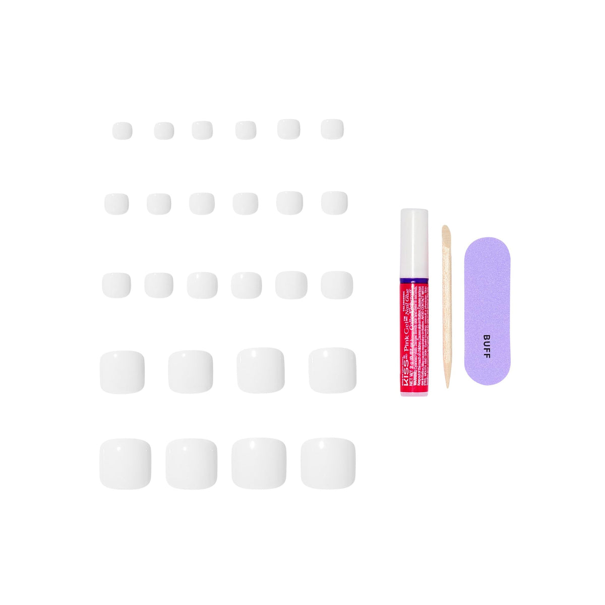 Kiss Core, Press On Nails, Nail glue included, 'Toe-tally Yours', White, Short Size, Squoval Shape, Includes 26 Toenails, 2g Glue, 1 Manicure Stick, 1