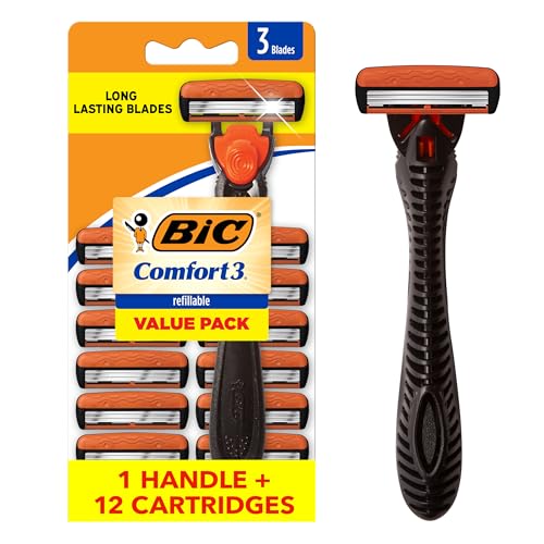 BIC Comfort 3 Men's Refillable 3-Blade Razors with 1 Handle and 12 Cartridges, Smooth Shave Kit for Dorm and Daily Grooming, College Dorm Room Beauty and Personal Care BIC