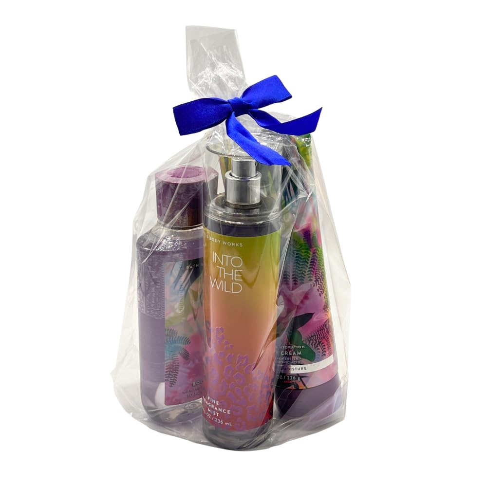 Bath & Body Works INTO THE WILD Fine Fragrance Mist, Ultimate Hydration Body Cream & Body Wash 3-piece Gift Set with a Blue Bow for Holidays - Full Beauty and Personal Care Bath & Body Works