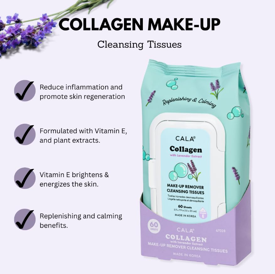 CALA Collagen Makeup Remover Cleansing Tissues, Waterproof Eye Makeup Wipes, Deep Cleansing Face Towelettes Leave Skin Soft Smooth Moisturized, Free