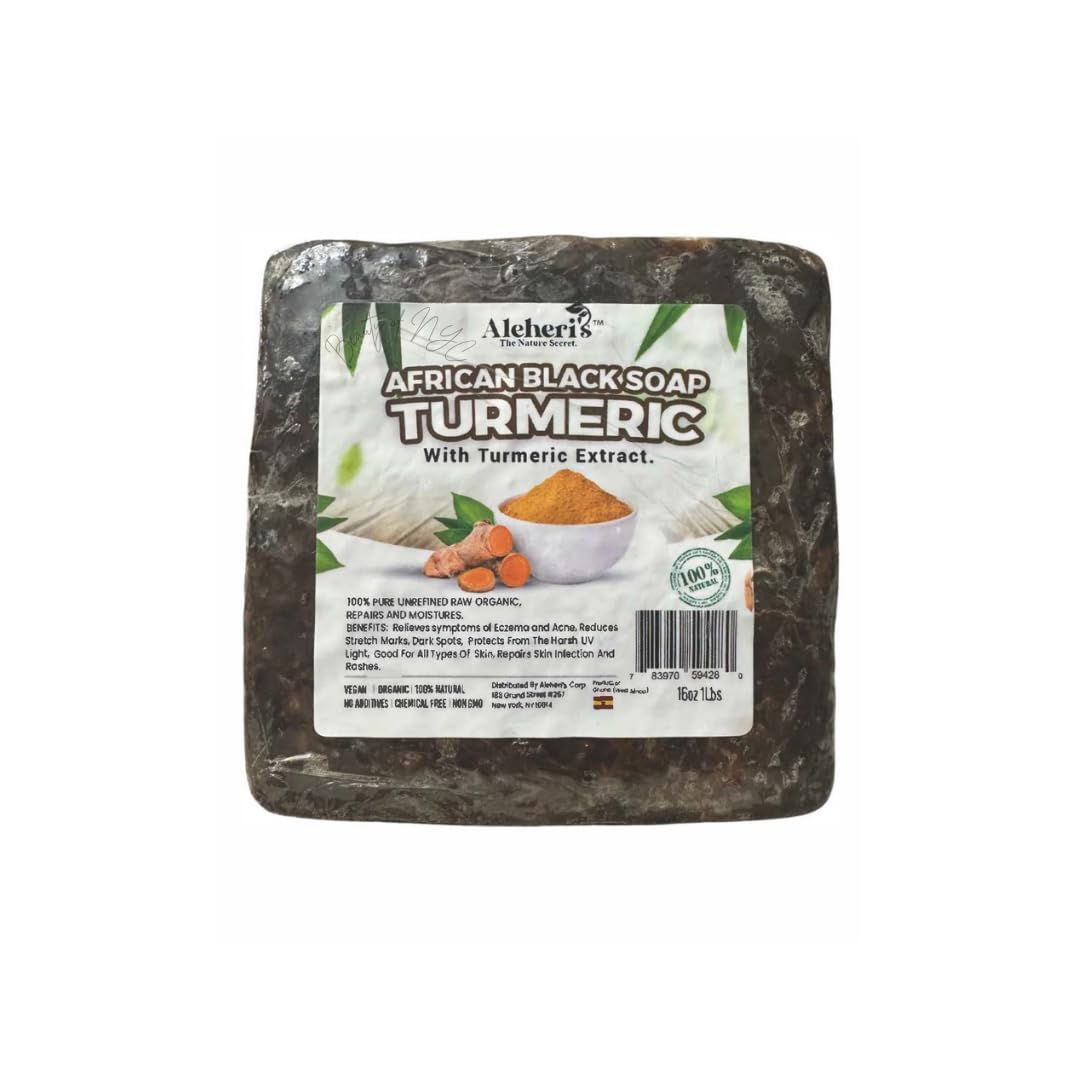 Aleheri's African Black Soap Turmeric 16 oz - 100% All Natural, Raw Ingredients, From Ghana. For All Skin Types, Helps Rejuvenate, Aids Against Dark Beauty & Personal Care ALEHERI'S THE NATURE SECRET.