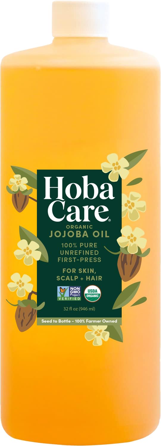 HobaCare Unrefined Organic Jojoba Oil for Skin Care, Hair, Beard, Scalp Massage - 100% Pure Carrier Oil for Perfume or Soap Making - Natural, Vegan Beauty & Personal Care HobaCare