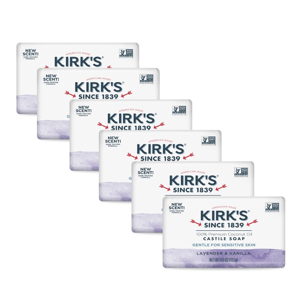 Kirk's Castile Bar Soap, Lavender & Vanilla - Clinically Tested, Safe for Sensitive Skin with Coconut Oil, Vegan and Non-GMO - 4 oz Bars, 6 Pack Beauty & Personal Care Kirk's