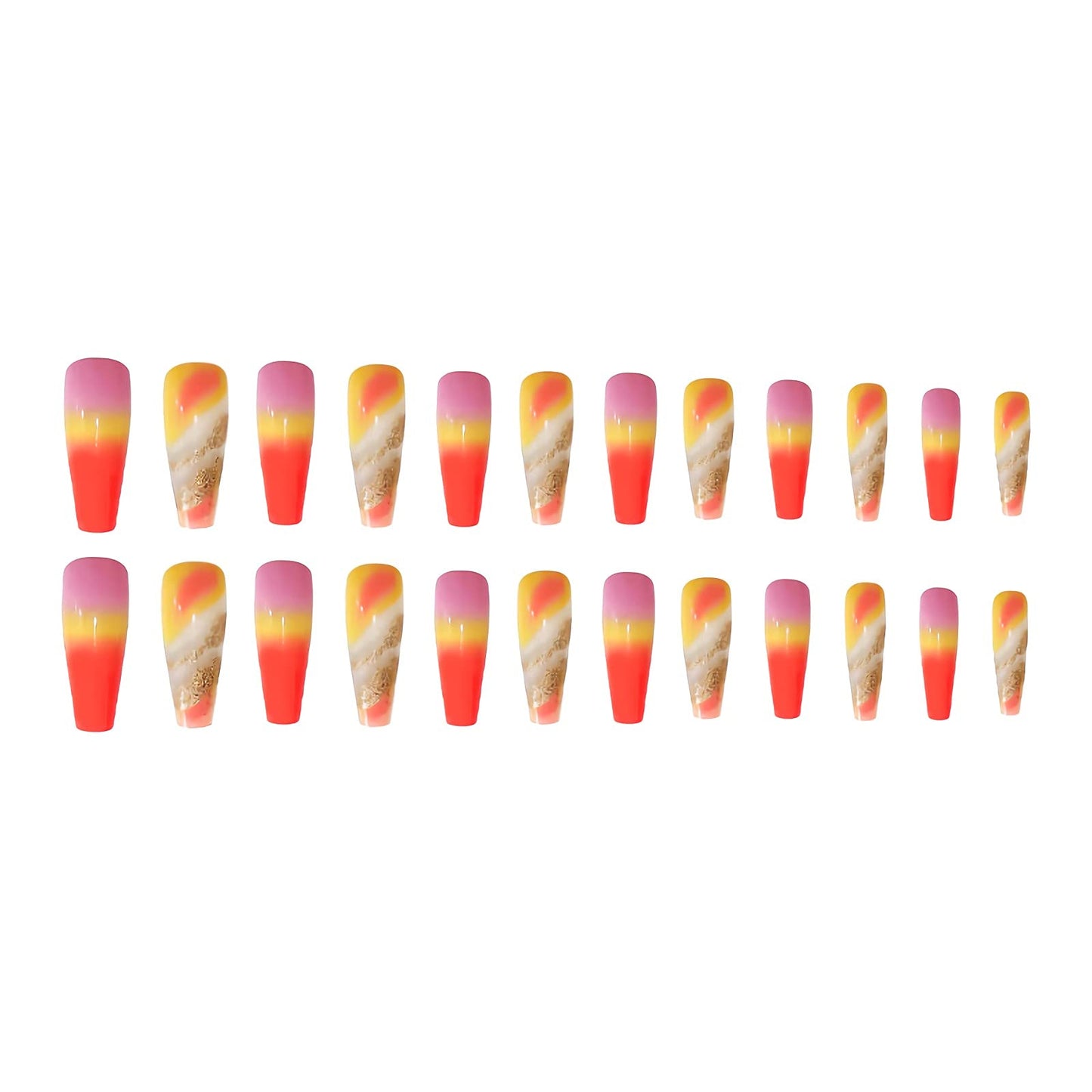 IMSOHOT Long Press on Nails Coffin French Tip Fake Nails Yellow Orange Gradient False Nails with Gold Foil Designs Clear Glossy Glue on Nails Beauty & Personal Care IMSOHOT