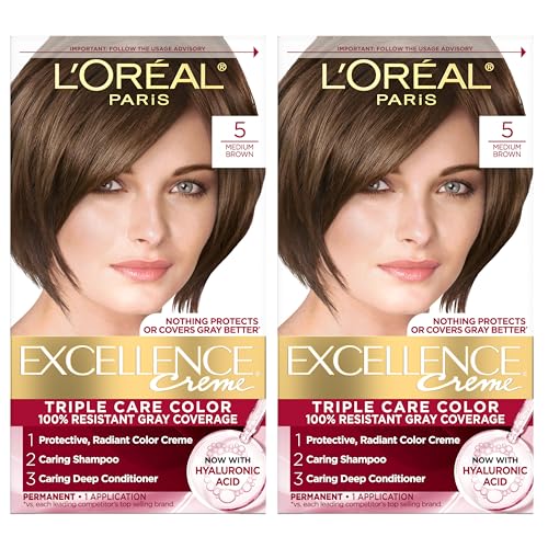 L'Oreal Paris Excellence Crème Permanent Hair Dye, Triple Care Hair Color with Hyaluronic Acid for 100% Gray Coverage, 5 Medium Brown, 1 Kit (Pack