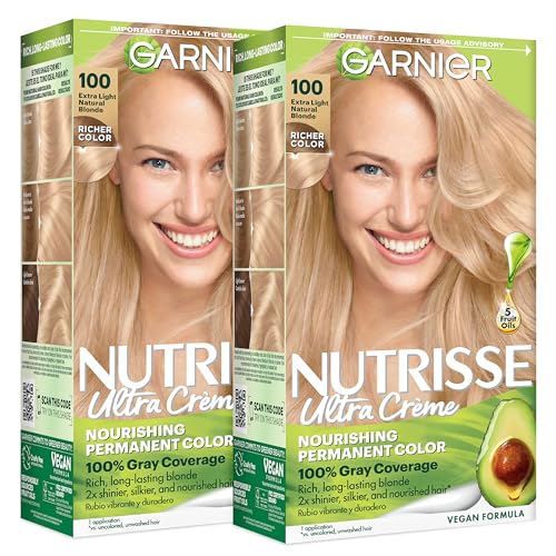 Garnier Nutrisse Ultra Crème Hair Color, Permanent Hair Dye with 100% Gray Coverage, Vegan & Cruelty-Free, 100 Extra-Light Natural Blonde (Chamomile)