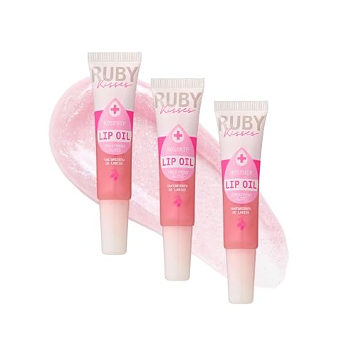 Ruby Kisses Hydrating Lip Oil Treatment Gloss with Rosehip Oil (3 Pack), Moisturizing Natural Shine Lip Care Protects & Heals with Vitamins, Beauty & Personal Care Ruby Kisses