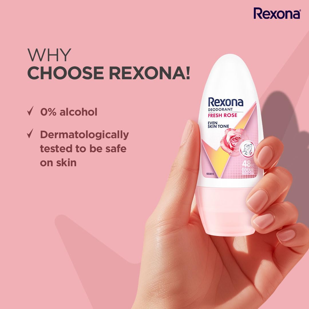 Rex-ona Fresh Rose Roll-On Deodorant for Women, 50 ml, Pack of 3, Alcohol-Free with Glycerine, Antiperspirant for Even Skin Tone Beauty and Personal Care Metrey Herbotech