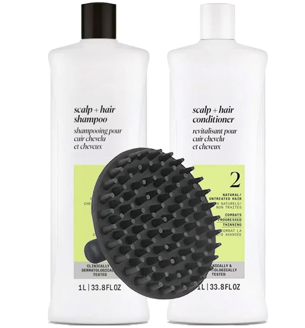 System 2 Cleanser Shampoo & Scalp Therapy Conditioner 1 Liter Duo Set for Noticeably Thinning Hair + M Hair Designs Scalp Brush - Professional Beauty & Personal Care M Hair Designs