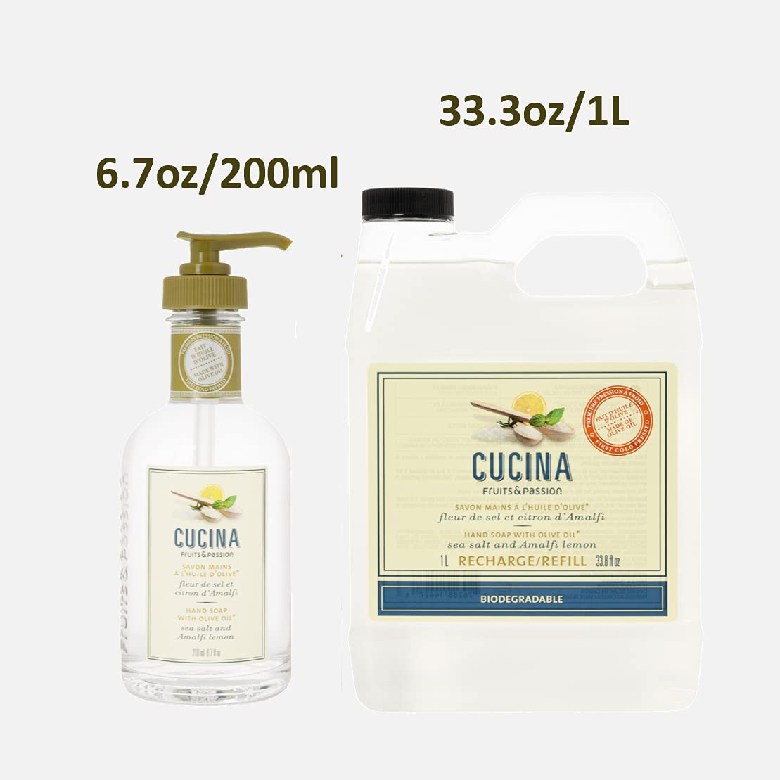 Cucina Fruits & Passion Sea Salt & Amalfi Lemon Hand Soap Set, 6.7 fl oz Glass Bottle and 33.8 fl oz Refill, Made in Canada Beauty & Personal Care Cucina