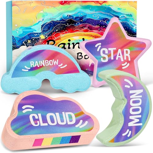 Rainbow Bath Bombs for Kids - 4 Pcs Handmade Kid Bath Bombs, Birthday Gifts for Kids Girls, Bubble Bath Beauty and Personal Care AWKUWA
